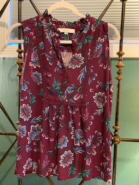 LOFT Plum Floral Ruffled-Trim Sleeveless Top